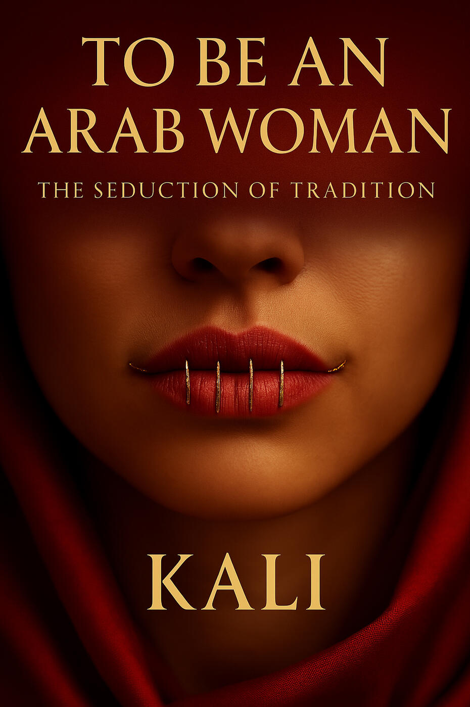 Book cover of “To Be An Arab Woman” by KALI – lips sealed with gold staples, set against a blood-washed veil of tradition